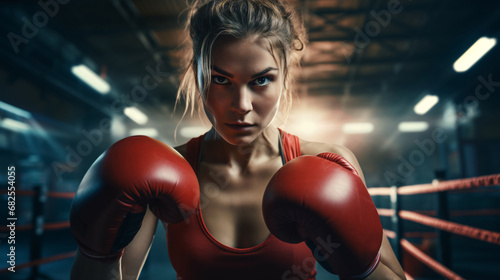 Portrait of a female boxer standing in boxing ring