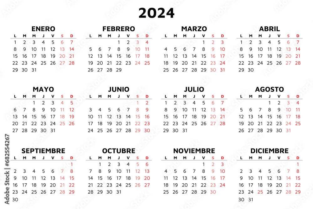 2024 spanish calendar. Simple vector template illustration in Spain. Horizontal - obrazy, fototapety, plakaty 