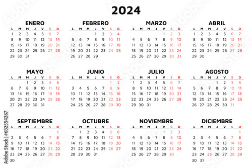 2024 spanish calendar. Simple vector template illustration in Spain. Horizontal