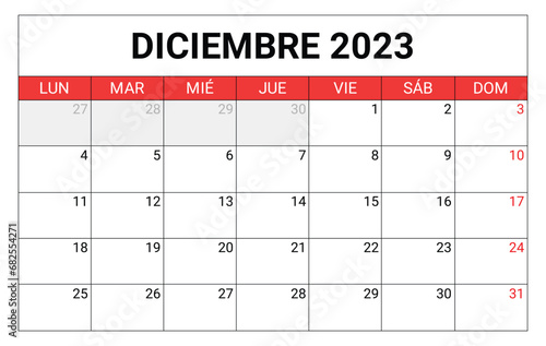 December 2023 spanish calendar. Vector illustration. for your business in Spain
