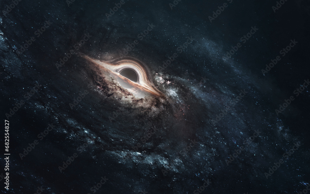 3D illustration of giant black hole and event horizon. 5K realistic science fiction art. Elements of image provided by Nasa