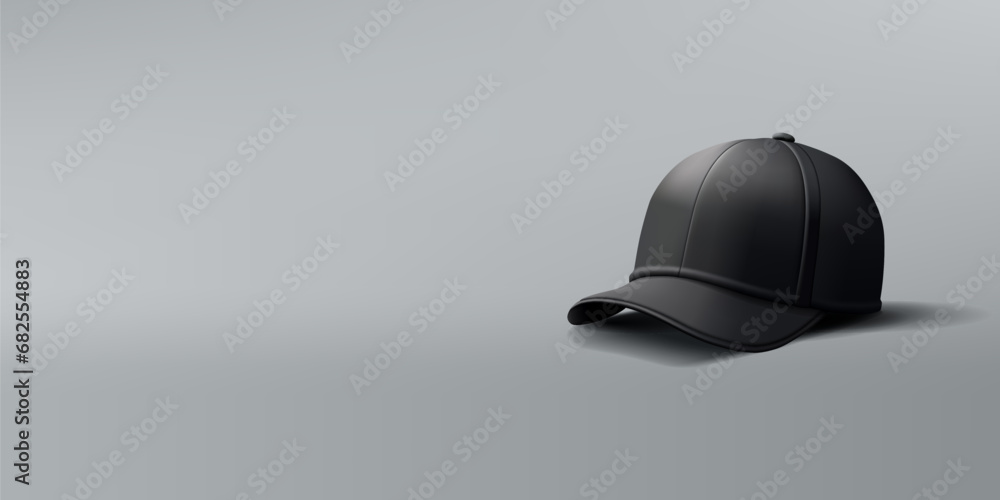 Realistic black 3D cap. Baseball cap for branding, company advertising, fashion, style. Template on a gray background. Vector