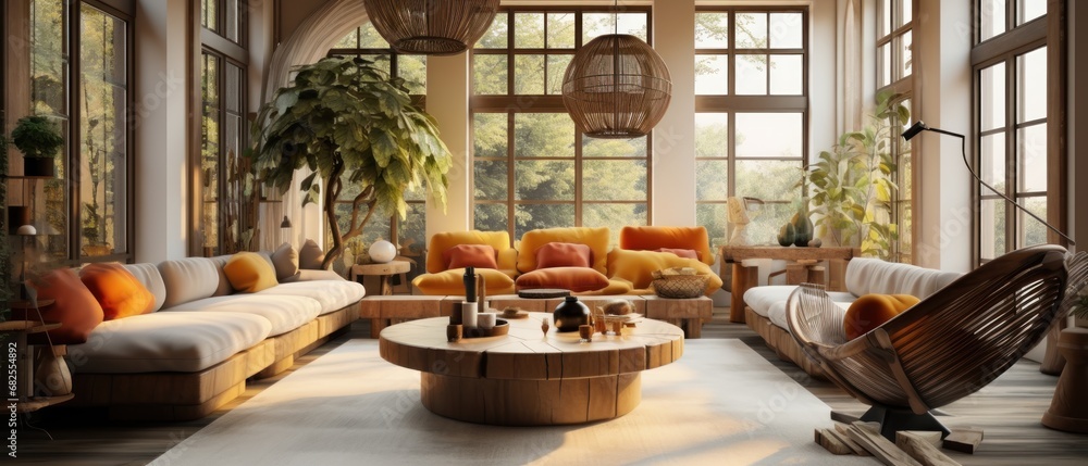 Interior of Boho Style Living Room with Wooden Chandelier and Wooden Decorations. Sofa, Coffee Table and Plants. Unique Boho Style Living Room in a House.