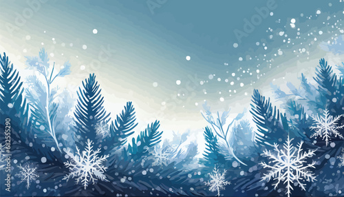 Horizontal morning white banner with blue realistic fir branches. Snowflakes with shiny particles and copy space.