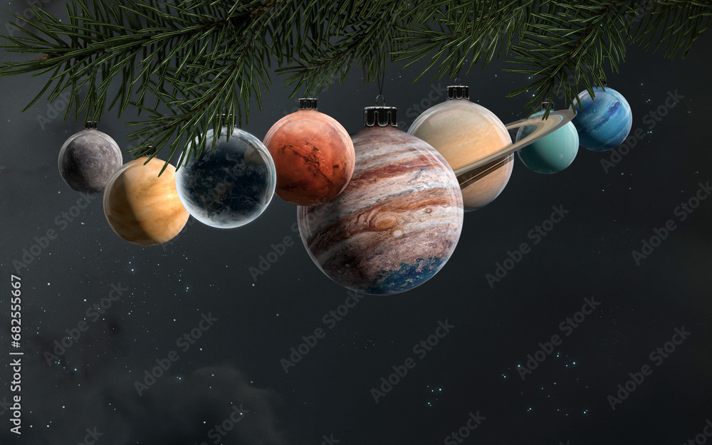 3D illustration of Solar system planets as Christmas tree decoration balls. 5K realistic science fiction art. Elements of image provided by Nasa