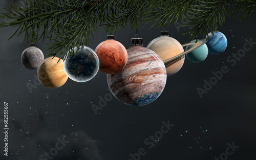 Obraz na płótnie 3D illustration of Solar system planets as Christmas tree decoration balls. 5K realistic science fiction art. Elements of image provided by Nasa w salonie