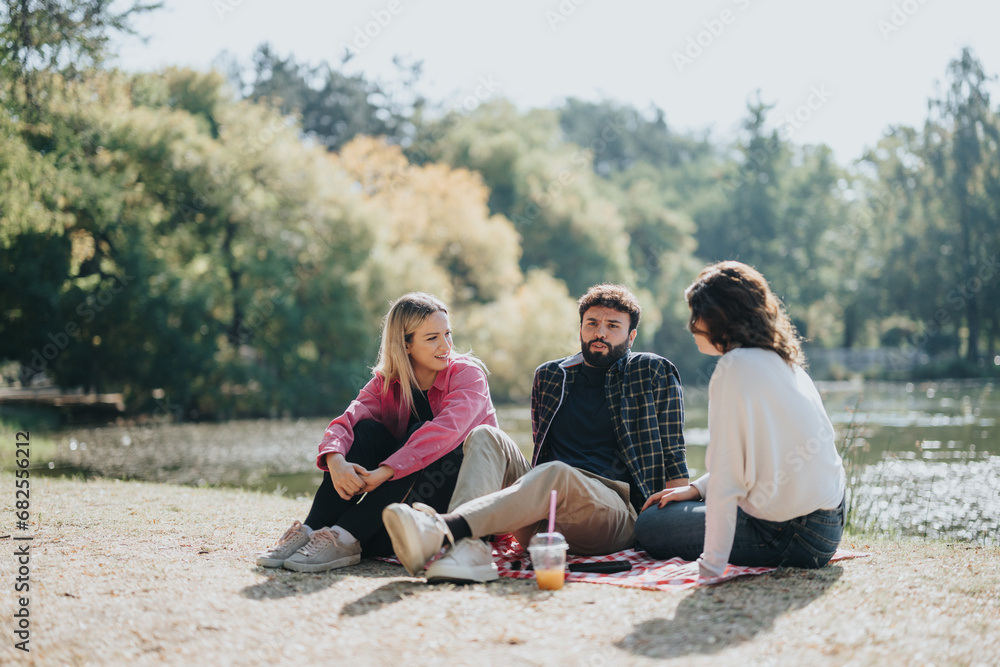 Young, joyful friends enjoy a carefree, sunny day in the park. They sit together, socializing and having fun conversation, surrounded by nature's green environment.