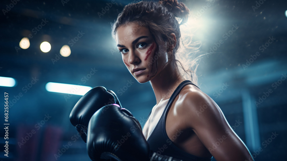 Portrait of a female boxer standing in boxing ring Portrait of a female boxer standing in boxing ring