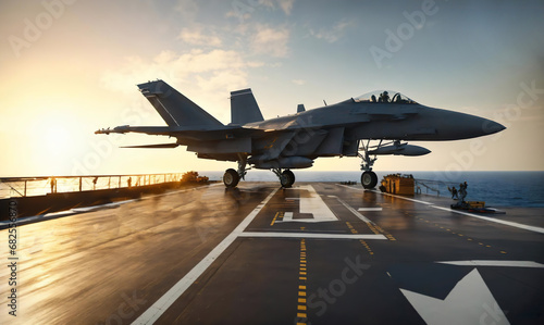 Fighter Plane at Sunrise. Military aircraft carrier ship with fighter jets take off during a special operation at air force support at war zone. airforce. Generative ai photo