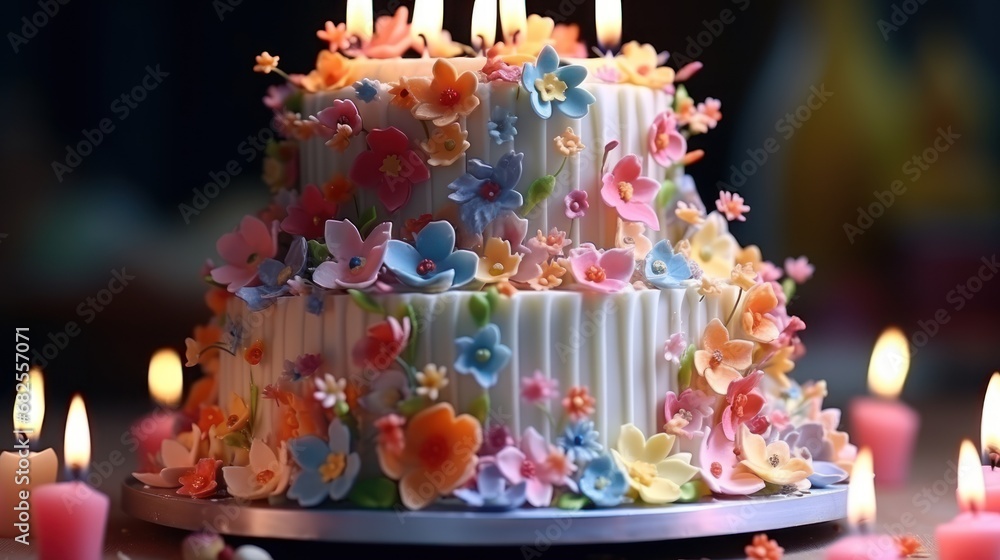 Beautiful birthday three layer cake UHD wallpaper