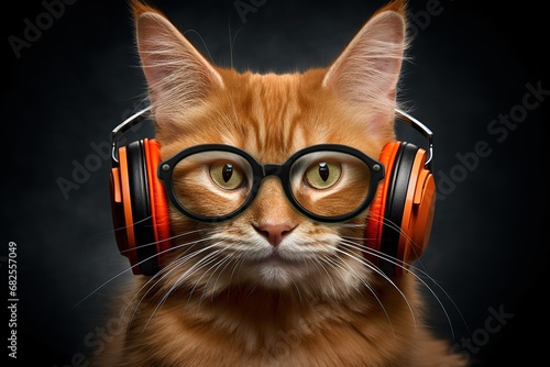 Lustige Katze mit Kopfhörern und Brille. Katze hört Musik. Ideal als Symbol für Musik Hören.