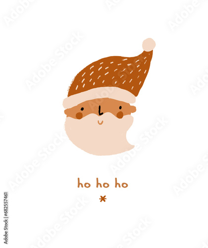 Funny Christmas Vector Card. Hand Drawn Santa Claus and Handwritten "Ho Ho Ho" Isolated on a White Background. Infantile Style Christmas Illustration with Crayon Drawing-Like Head of Santa. RGB.