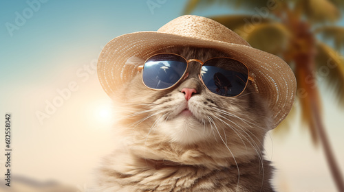 Realistic photo of a cheerful fluffy cat on vacation  wearing a Panama hat  sunglasses on a light background  behind a palm tree. Travel and vacation