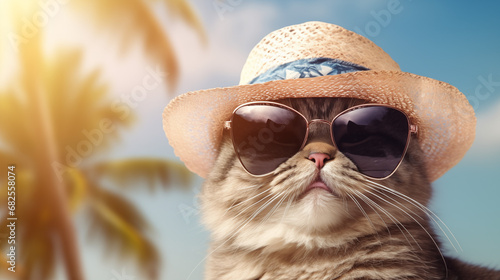 Realistic photo of a cheerful fluffy cat on vacation, wearing a Panama hat, sunglasses on a light background, behind a palm tree. Travel and vacation