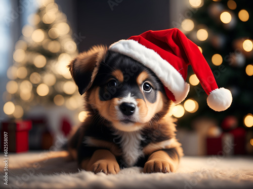 Cute puppy wearing Santa Claus hat. Christmas tree and decorations photo