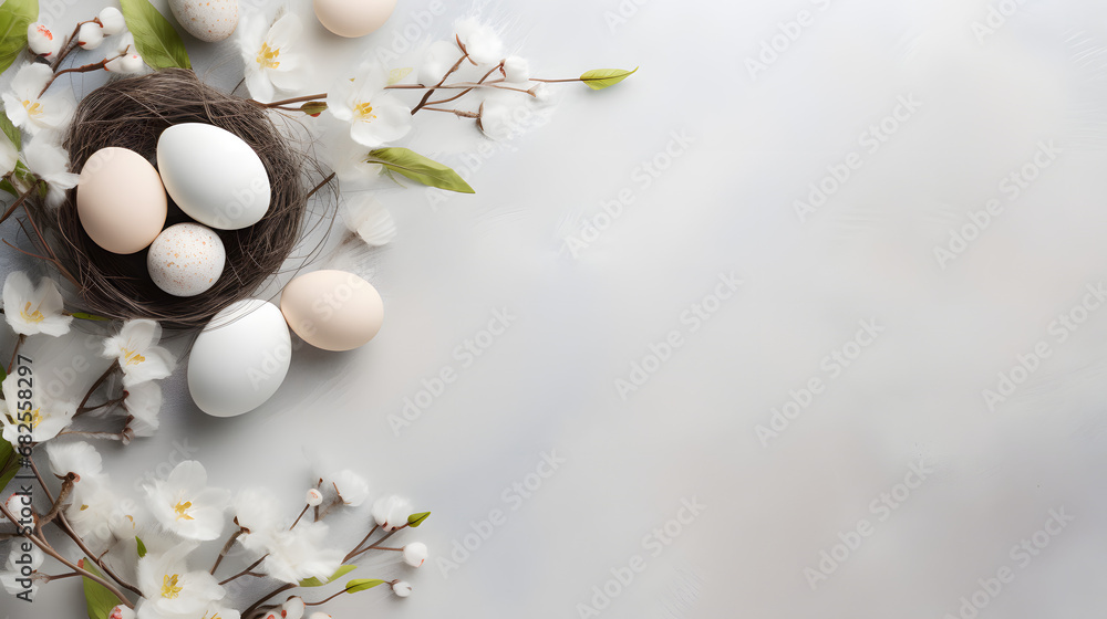 Easter Elegance Unveiled Decorative Background with Flowers, Empty Spaces, and Eggs. Generative AI Easter Elegance Unveiled Decorative Background with Flowers, Empty Spaces, and Eggs. Generative AI