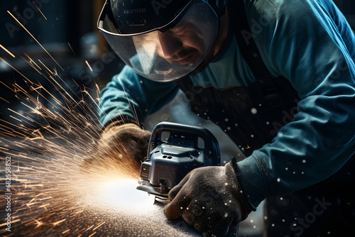 heavy machinery and power tools being used by a skilled construction Worker. He is Using Angle Grinder and throwing sparks. Contractor at work in safety gear.  photo