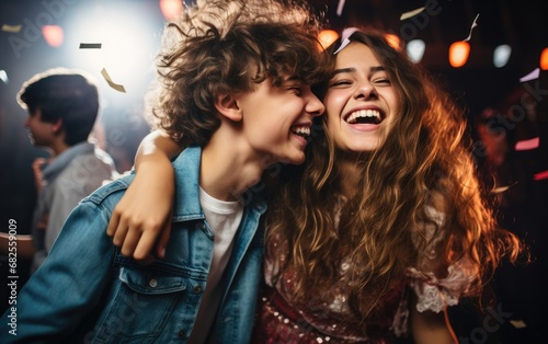 Two young teenagers boy and girl are laughing and joyful dancing at a New Year's Eve party