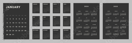 Set of monthly calendar planner page templates for 2024. Isolated Vector layout minimalist of wall or desk calendar with week start on Monday for print. Page for size A4 or 21x29.7 cm in dark color.