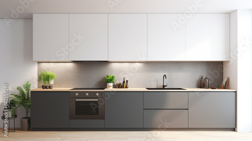 Minimalistic kitchen interior with white walls, wooden floor, dark gray counter tops. generative ai photo