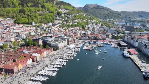 Pan up panorama of Bergen during a sunny holiday on May 17 2022 photo