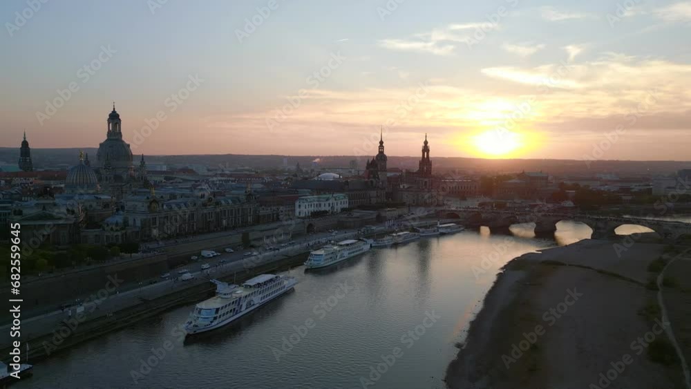 Excursion steamer aerial view flight drone Town Dresden Cathedral river Sunset Excursion steamer aerial view flight drone Town Dresden Cathedral river Sunset