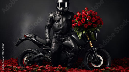 Valentines day composition - A cool motobiker in helmet on the motorbike holds a large bouquet of red roses. photo