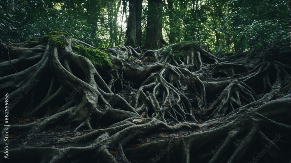 A close-up of intertwined tree roots in a lush forest, illustrating the interconnectedness and sense of belonging in the natural world.