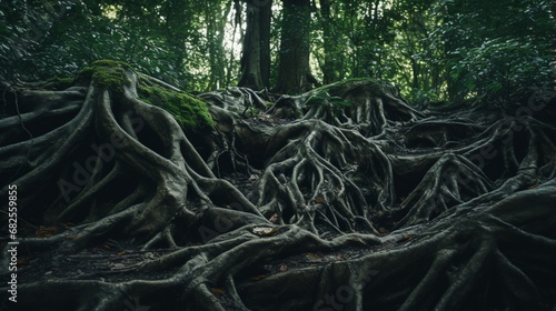 A close-up of intertwined tree roots in a lush forest  illustrating the interconnectedness and sense of belonging in the natural world.