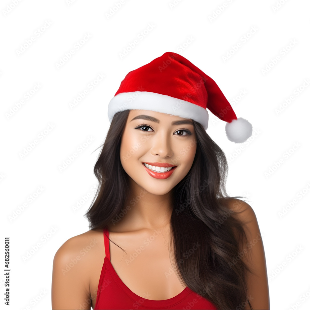 Asian Woman in Santa Claus Hat: A Beautiful Christmas Celebration, Isolated on Transparent Background, PNG Asian Woman in Santa Claus Hat: A Beautiful Christmas Celebration, Isolated on Transparent Background, PNG