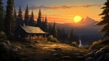 A cozy cabin nestled among tall pine trees in a remote forest clearing at sunrise, exuding a sense of serenity and belonging.