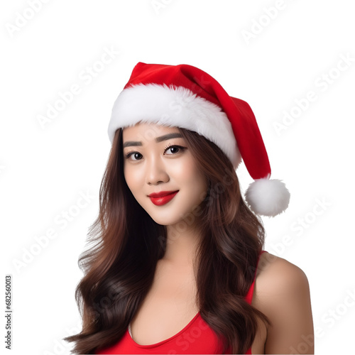 Christmas Celebration with Beautiful Asian Woman in Santa Claus Hat  Isolated on Transparent Background  PNG