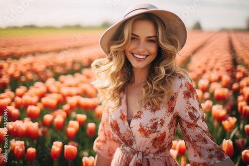 Woman in a field of flowers, fashionable Dutch woman in a tulip field, wearing a bohemian dress and hat