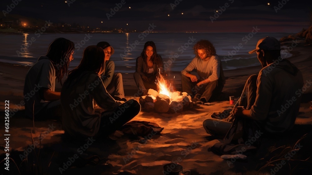 A diverse group of friends gathered around a bonfire on a sandy beach, sharing stories and laughter under a starry night sky, epitomizing a sense of belonging.