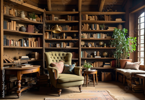 a home library, a room with shelves of books, a chair, a desk.
