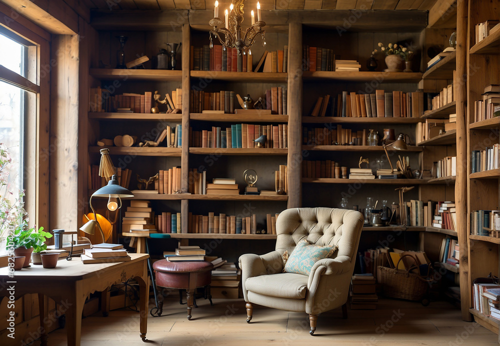 a home library, a room with shelves of books, a chair, a desk.