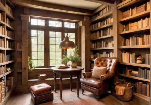 a home library, a room with shelves of books, a chair, a desk. © A_A88