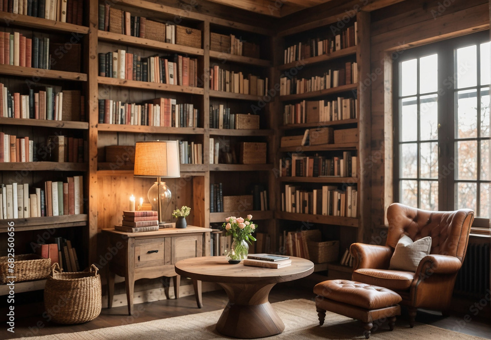 a home library, a room with shelves of books, a chair, a desk. a home library, a room with shelves of books, a chair, a desk.