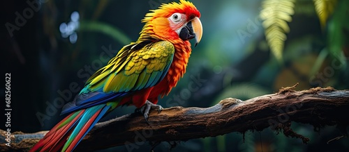 In the lush greenery of a tropical forest, a beautiful, colorful bird with orange feathers and a cute beak was spotted eating, its stunning red, yellow, and green colors blending harmoniously with the