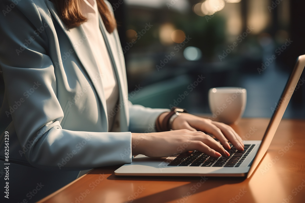 Cropped image of a business woman's hands working and typing on laptop keyboard on wooden table at cafe. Cropped image of a business woman's hands working and typing on laptop keyboard on wooden table at cafe.