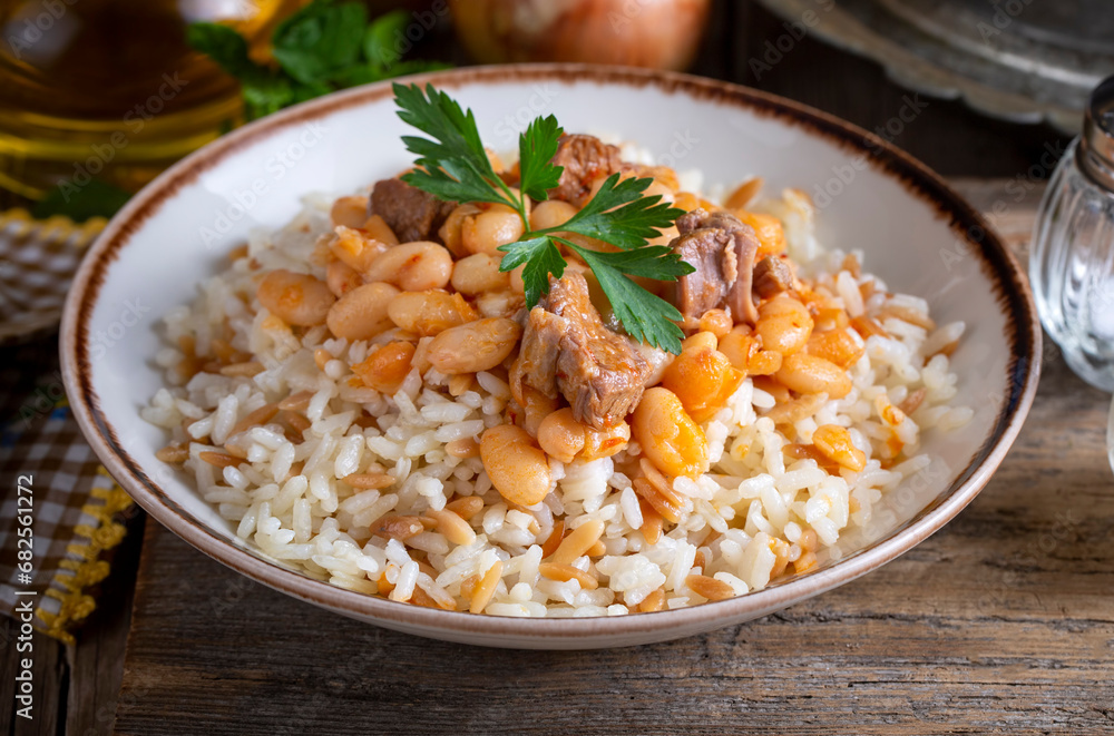 Traditional Turkish cuisine. Kuru Fasulye . Haricot Beans, rice and beans (Turkish name; pilav ustu kuru fasulye) Traditional Turkish cuisine. Kuru Fasulye . Haricot Beans, rice and beans (Turkish name; pilav ustu kuru fasulye)