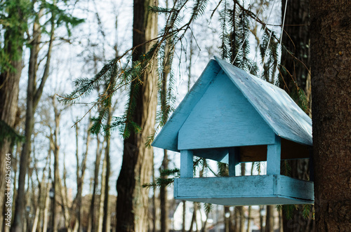 A blue bird feeder is hanging in a city park on a tree. © Yulia