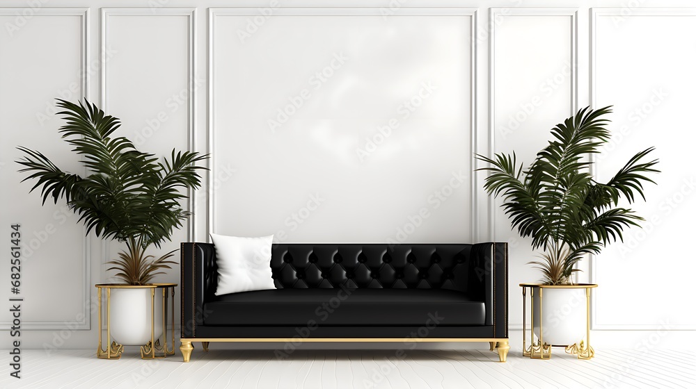 Mock up background - white wall with decor elements and luxury black sofa with white pillows,green plants in living room.