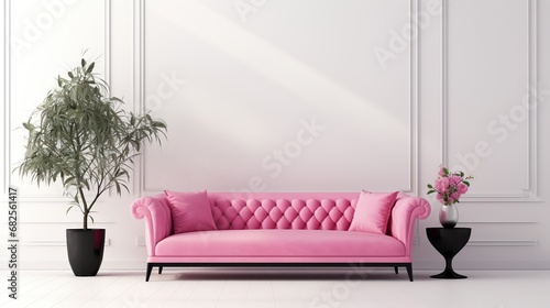 Mock up background - white wall with decor elements and luxury pink sofa with pink pillows green and rose plants in living room.