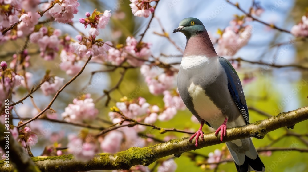 pigeon perching in the flowering spring tree. pigeon perching in the flowering spring tree.