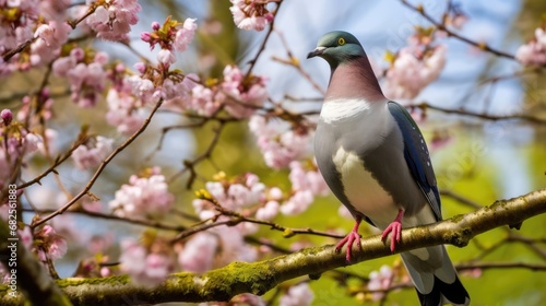 pigeon perching in the flowering spring tree. 
