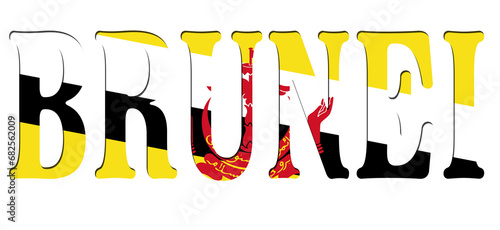 3d design illustration of the name of Brunei. Filling letters with the flag of Brunei. Transparent background.