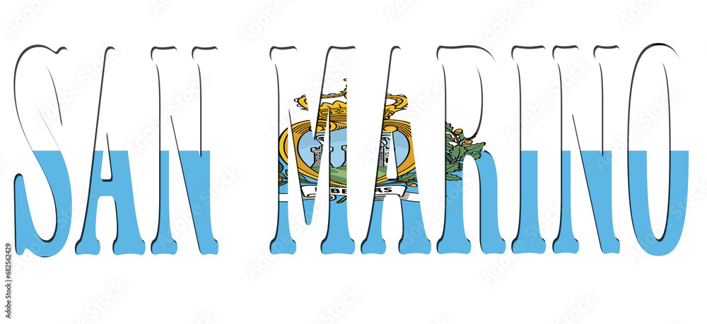 3d design illustration of the name of San Marino. Filling letters with the flag of San Marino. Transparent background.