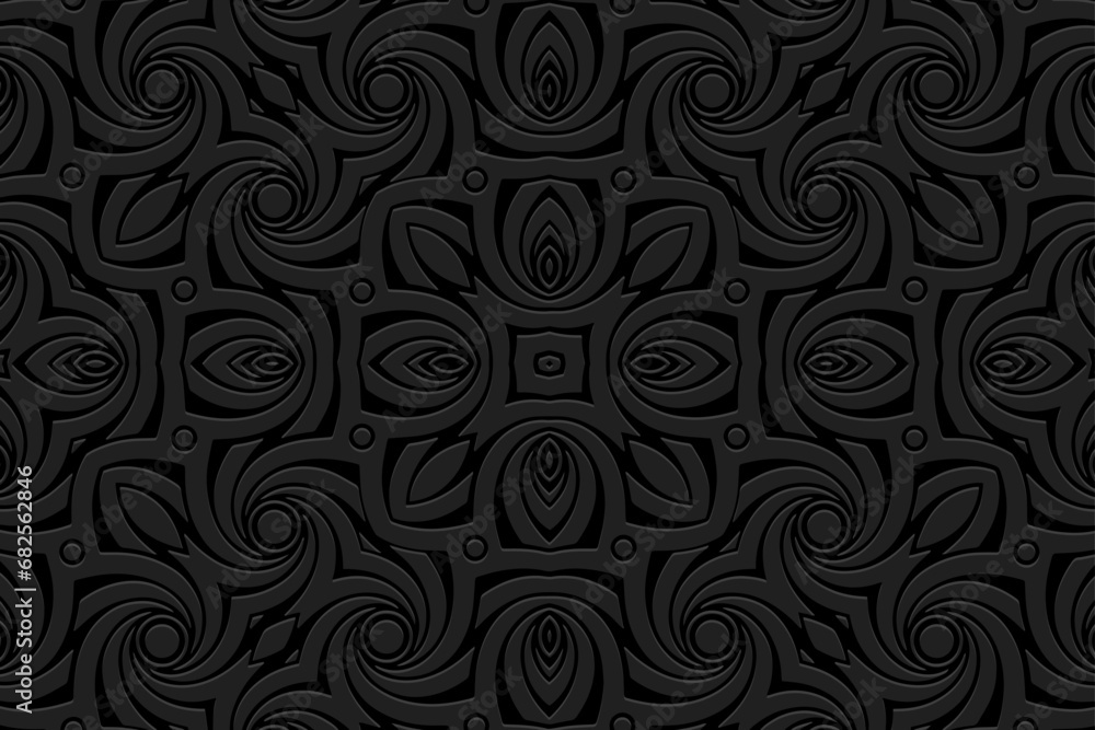 Embossed abstract black background, vintage cover design. Boho style, ornamental handmade. Geometric ethnic 3D pattern. Arabesques of the East, Asia, India, Mexico, Aztec, Peru.