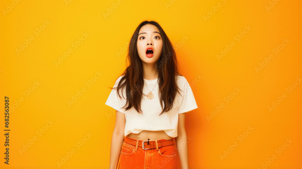 Young asian woman wearing casual clothes looking shocked and surprised with hands and mouth. afraid and surprised. - obrazy, fototapety, plakaty 